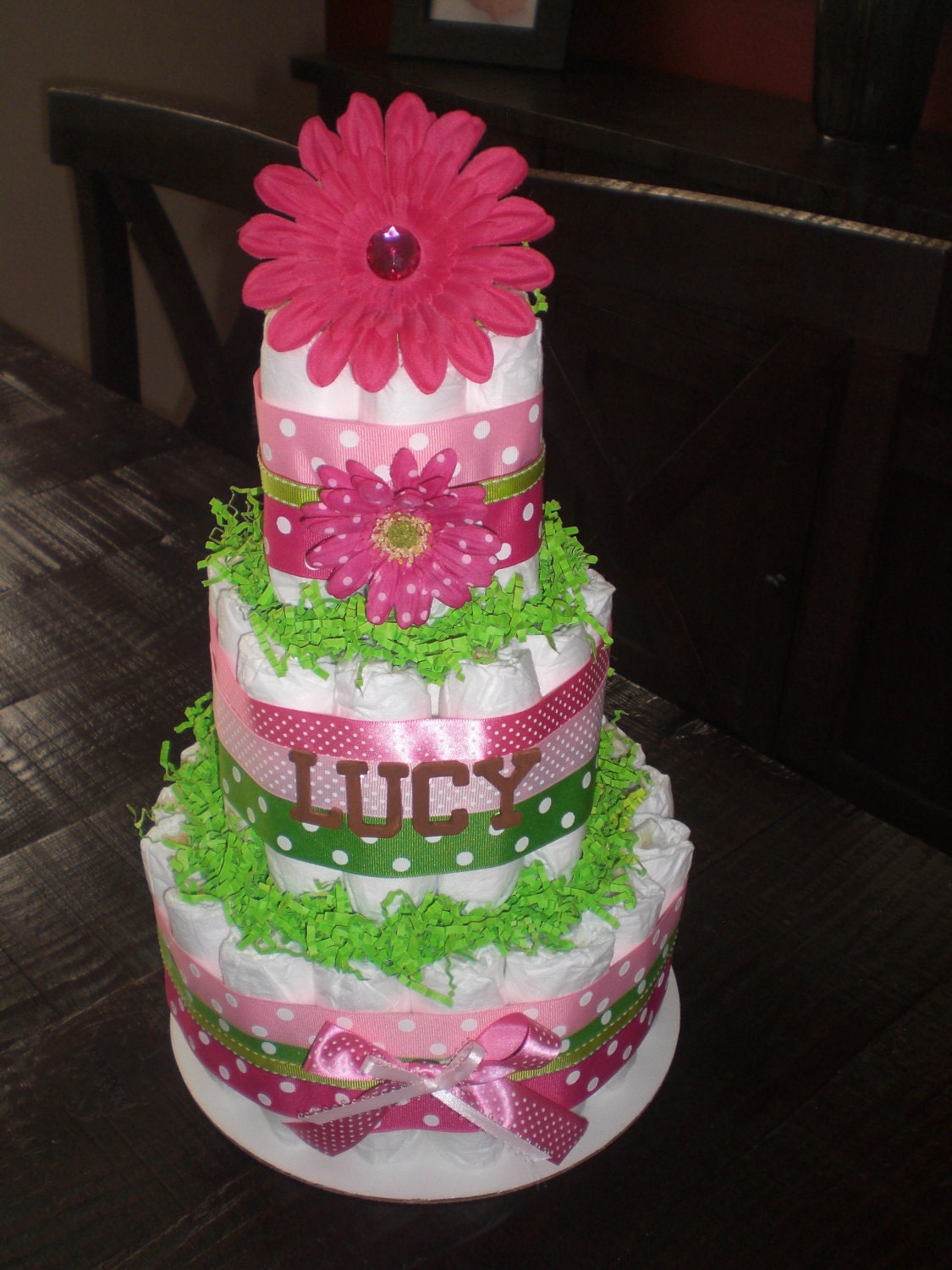 Pink and Green Girl Diaper Cake Baby Shower Centerpieces Gift