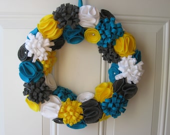 Spring Wreath- Teal, Yellow, White and Grey Felt Flower Wreath, Trendy Wreath, Door Decoration
