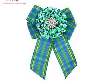 Designer Inspired bow brooch, Blue green flower bow brooch,green flower pin,Check Bow,Ribbon Brooch,Luxury fashion,Valentineday gift