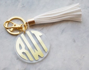 Monogram Keychain w/ Tassel Key Chain - 2" Round | Bridesmaid Proposal Gift Box | Keychain Gift | Personalized Keychain Tassel | Gold Key