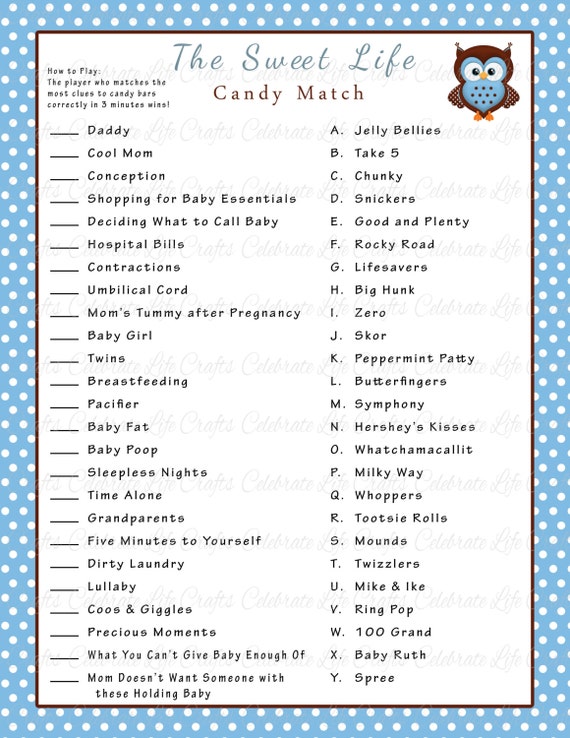 worksheet gender animal Sweet Game Printable Life Baby Bar Match Shower Candy Baby