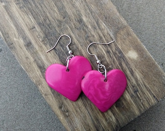 Pink Tagua Nut Heart Shaped Earrings ~ Heart Jewelry ~ Fuchsia Pink Earrings ~ Hearts ~ Eco Friendly Sustainable Materials ~ Romantic Gift