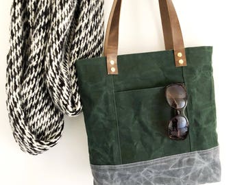 Waxed Canvas Tote Bag, Green And Grey Tote, Everyday Bag