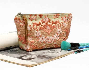 Large Velvet Cosmetic Bag - Pink Makeup Bag - Floral Zip Pouch Handmade from Vintage Cut Velvet Upholstery Fabric by EllaOsix