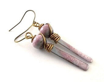 Handmade Earrings, Enameled Earrings, Gray and Pink Earrings, Rustic Earrings, Copper Earrings, Boho Earrings, Artisan Earrings, Rustic