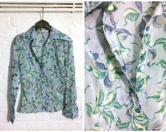 1970s vintage flower print blue shirt blouse top with pointed collar - UK 10 EU 38 US 8 - Seventies Boho Bohemian