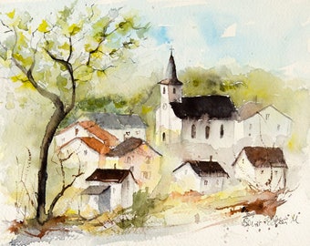 Original painting of French village in summer with houses and belltower, Original watercolor, French art, french landscape