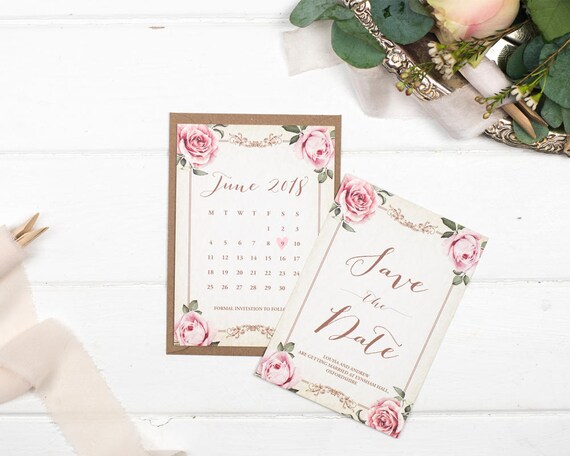 Vintage Save The Date Card - A6 Ivory Floral Framed