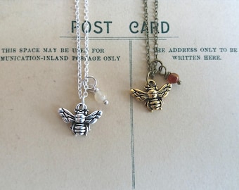 Petite Silver Bee charm necklace with lemon jade - little bee - gift for gardener - nickel free