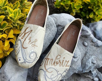 Custom Hand Painted Bridal Elegant Swirls TOMS Shoes *Free Shipping in US* Wedding | Bridal | Rhinestones | Personalized | Wedding Gift