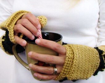 Black Gold Mittens, Convertible Mittens, Fingerless Mittens, Fingerless Gloves, Black Texting Mitten, Flip Top Mittens, Black Gold Gloves