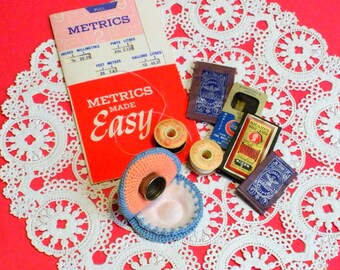 Sewing Notions - Lot - Vintage Crochet Hat Thimble Case, Needles, Metric Gauge, Thread Assortment