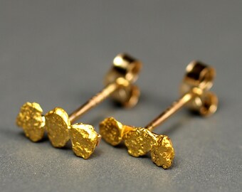 Triple California Gold Nugget Stud Earrings - Natural Genuine Gold Nuggets - Real Natural Gold