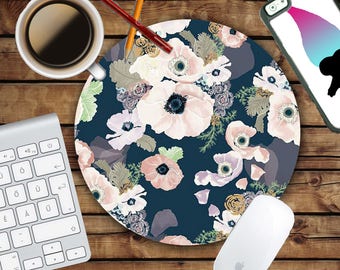 Blush and Navy Floral Mousepad - Mat - Round or Rectangle - Beautiful Design - Pink Print - Rose - Mouse pad Co worker Gift