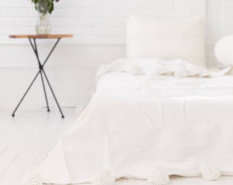 Moroccan Pom Pom Blanket, Cotton Throw. ABD-02-08