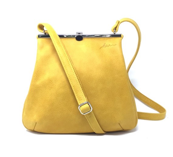 Everyday Bag, Her Leather Bag, Sling Leather Bag, Minimalist Bag Women, Leather Carryall | Yellow Leather Handbag with Retro Clip Closure