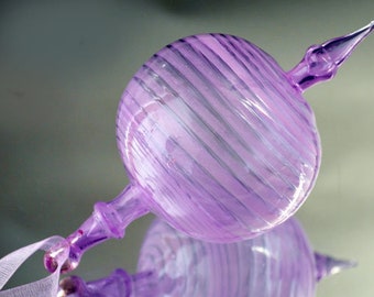 Hand Blown Glass Ornament, Transparent Purple & Pink Ornament, Striped Ornament, Christmas Ornament, Handmade Ornament