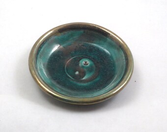 Raku Yin -Yang Offering Bowl in Teal Handmade Pottery