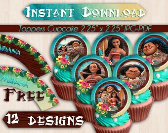 12 Moana Cupcakes Toppers Instant Download, Printable Moana Party Cupcakes Topper, Maui Instant Download, pdf jpg