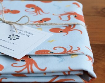 Octopus Baby Blanket; Blue Baby Blanket; Handmade Newborn Baby Present; Soft, Organic Cotton Receiving Blanket; Baby Shower Gift; (Last One)