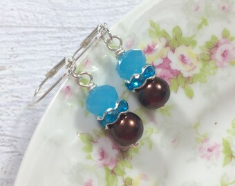 Blue and Brown Earrings, Brown Pearl Earrings, Rhinestone Earrings, Pearl Drop Earrings, Short Dangle Earrings, KreatedByKelly