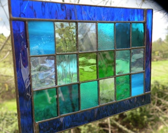 Stained Glass window panel blue green teal