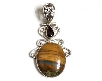 925 Sterling Silver Rhyolite & Garnet Pendant
