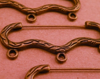 Unusual Antiqued Brass Steampunk Safety Pin Style Brooch Base Blank set of three
