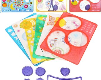 Colourful Creative Drawing deign Set Ring, inspired by Spirograph DIY Kids Art Craft 12pc Create Wonderful Art Work,Spiral Designs