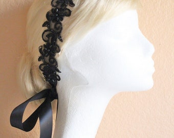 Black Beaded Flower Lace with Satin Ribbon Sash // Bridal Sash , Bridesmaid Sash, Head tie, Headband , Wedding Sash