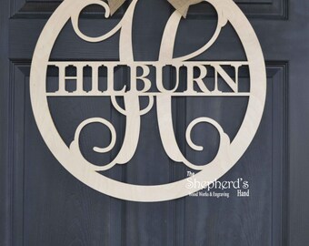 Wooden monogram - Family name - Personalized - Wreath - Wall Hanging - Door Hanging -Avalibale in three sizes- Natural unpainted