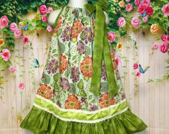 Girls Dress 4T/5 Green, Orange Floral Pillowcase Dress, Pillow Case Dress, Sundress, Boutique Dress
