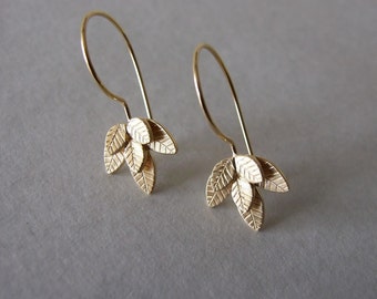 Gold Dangle Leaves Earrings - leaves earrings , gold dangle earrings , gift for her , gold earrings , woodland earrings