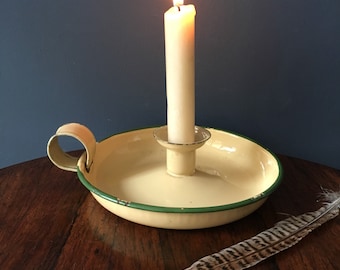 Pale yellow and green enamel candlestick holder - traditional enamel candlestick - enamelware candle holder