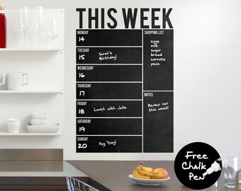 Write & Wipe - Weekly Wall Calendar / Planner / Board - Vinyl Wall Decal / Sticker - Free Chalk Pen Included