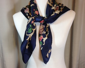 Large Navy Blue Floral Scarf with Browns Red and Green 31 Inches by 31 Inches Previously Fifteen Dollars ON SALE
