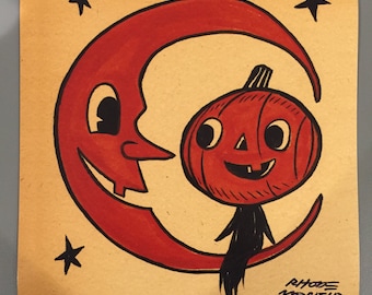 Vintage Style Halloween 8 x 8 inch PRINT by Rhode Montijo- OVER MOON