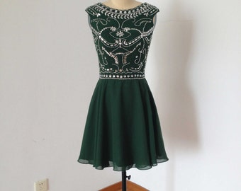 Cap Sleeves Dark Green Chiffon Short Homecoming Dress 2016