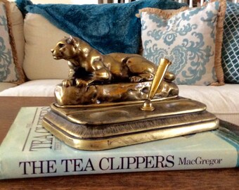 Vintage Cast Brass Panther Desk Top Organizer, Pen Holder, Lion Figurine, Mid Century, Mad Men, Man Cave/Office Decor