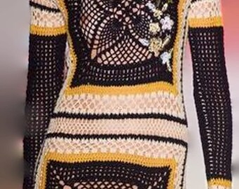 long-sleeve crochet dress,handmade item ,gift ideas,summer clothing,beach dress, cozy clothing,motifs squares