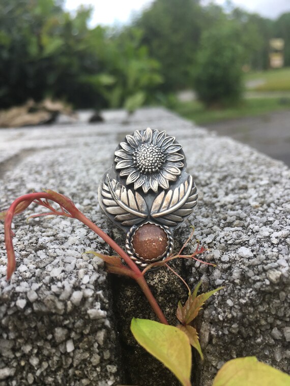 Sun Worshipper, Sunflower and Sunstone Handcrafted Statement Ring, Sterling Silver, Size 8