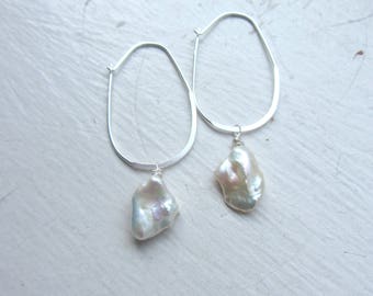 Keshi Pearl Earrings, Sterling Silver Earrings, June Birthday, Bridal Jewelry, Summer Bride, White Pearl Earrings,