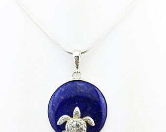 Lapis Lazuli Turtle Pendant Dark Blue 925 Sterling Silver 11.68 Grams