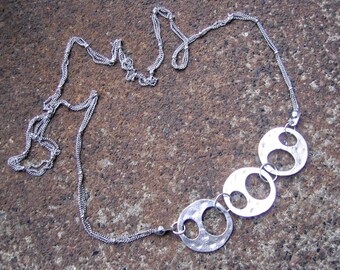 Eco-Friendly Statement Necklace - A Galaxy Far Away - Recycled Delicate Silvertone Vintage Chain and Hammered, Shiny Metal Cut-Out Disks