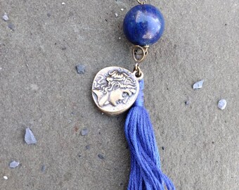 Bright Lapis & Coin Tassel Necklace