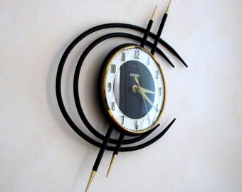 French 1950-60s Atomic Age BAYARD Wall Clock - Golden Spikes Metal Rings or Planets - Perfect Working Condition - Mid Century Decor Chic