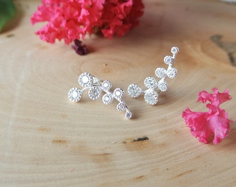 925 Sterling silver leaf flower stud earrings with cubic zirconia pave, bridal earrings