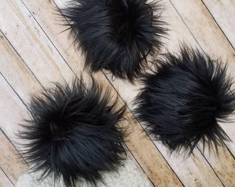Faux Fur Pom Pom /Large Silky and Soft Faux Fur /Large Faux Pom/ Hand sewn / Craft Supply / Black Faux Fur Pom/ Mongolian Black Faux Fur Pom