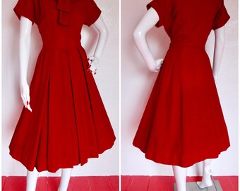 Deep red 50s pleated ascot collar dress