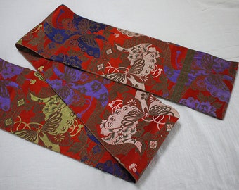 Second hand hanhaba-obi, Japanese obi belt for kimono, vintage, antique, red, butterfly